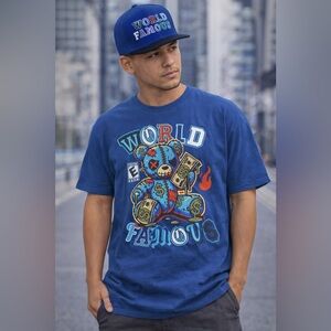World Famous Blue Graphic Men's T-Shirt & hat Sz LARGE NWT
